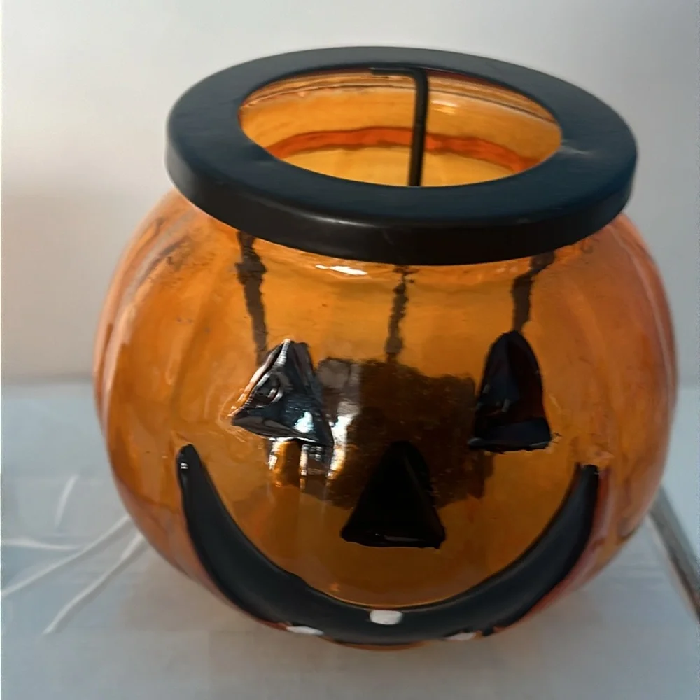 2pc Orange Glass Pumpkin Jack-O-Lantern Tea Light Candle Holders Halloween Decor